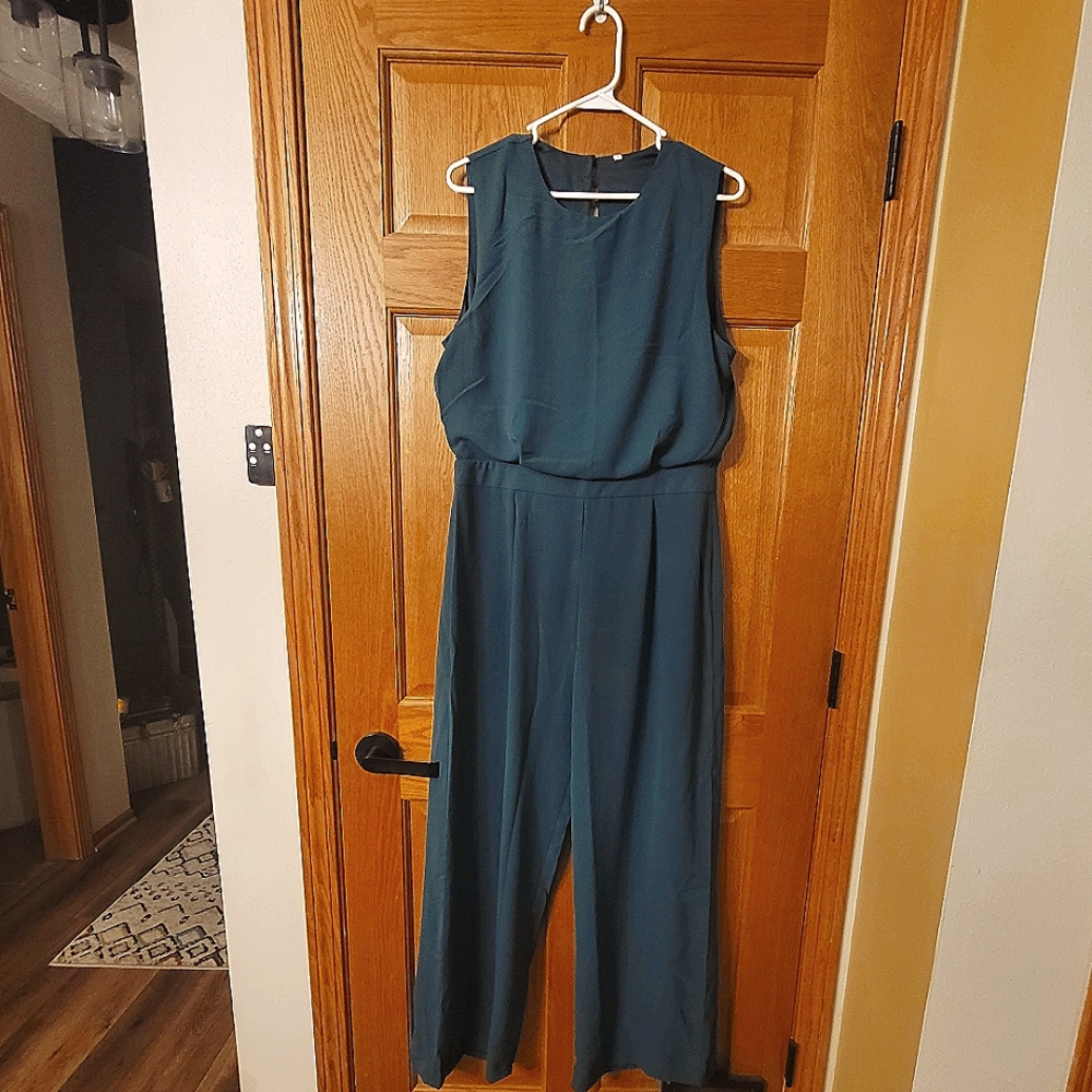 Sleeveless pantsuit/romper, formal in dark forest green, ladies size L